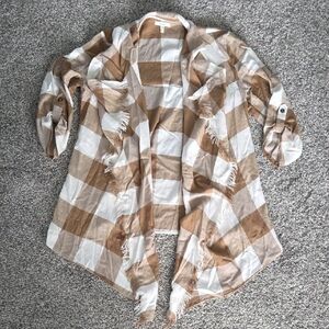 Maurices Tan and White Plaid Front Drape Kimono Size Large